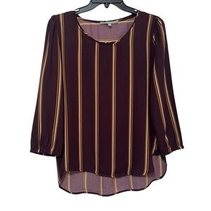 Sweet Rain Plum Burgundy Vertical Stripe 3/4 Sleeve Hi-Low Blouse